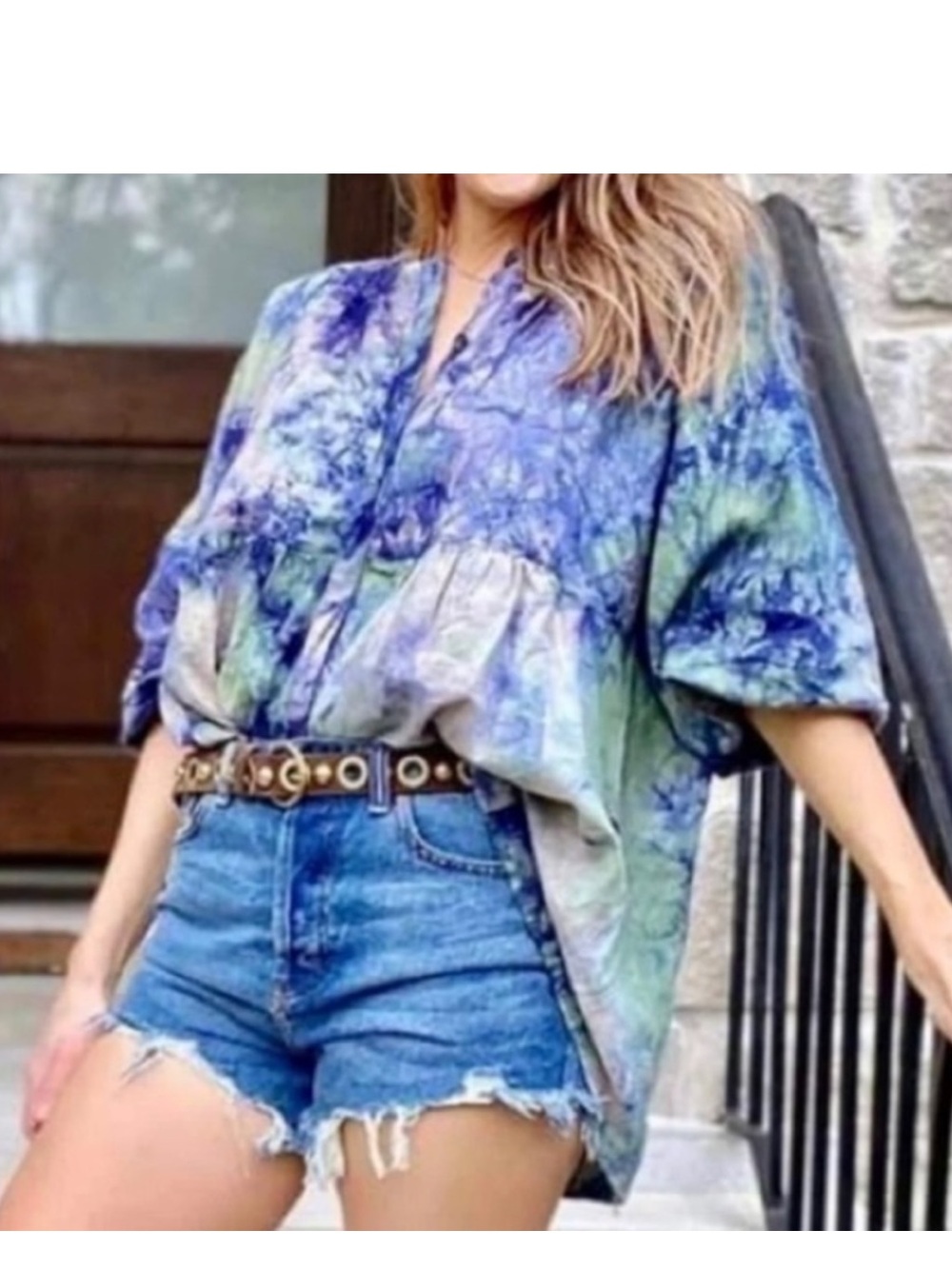 Cabi Woodstock Tie Dye Blouse Women’s Size S Button Front Balloon Sleeves 5714